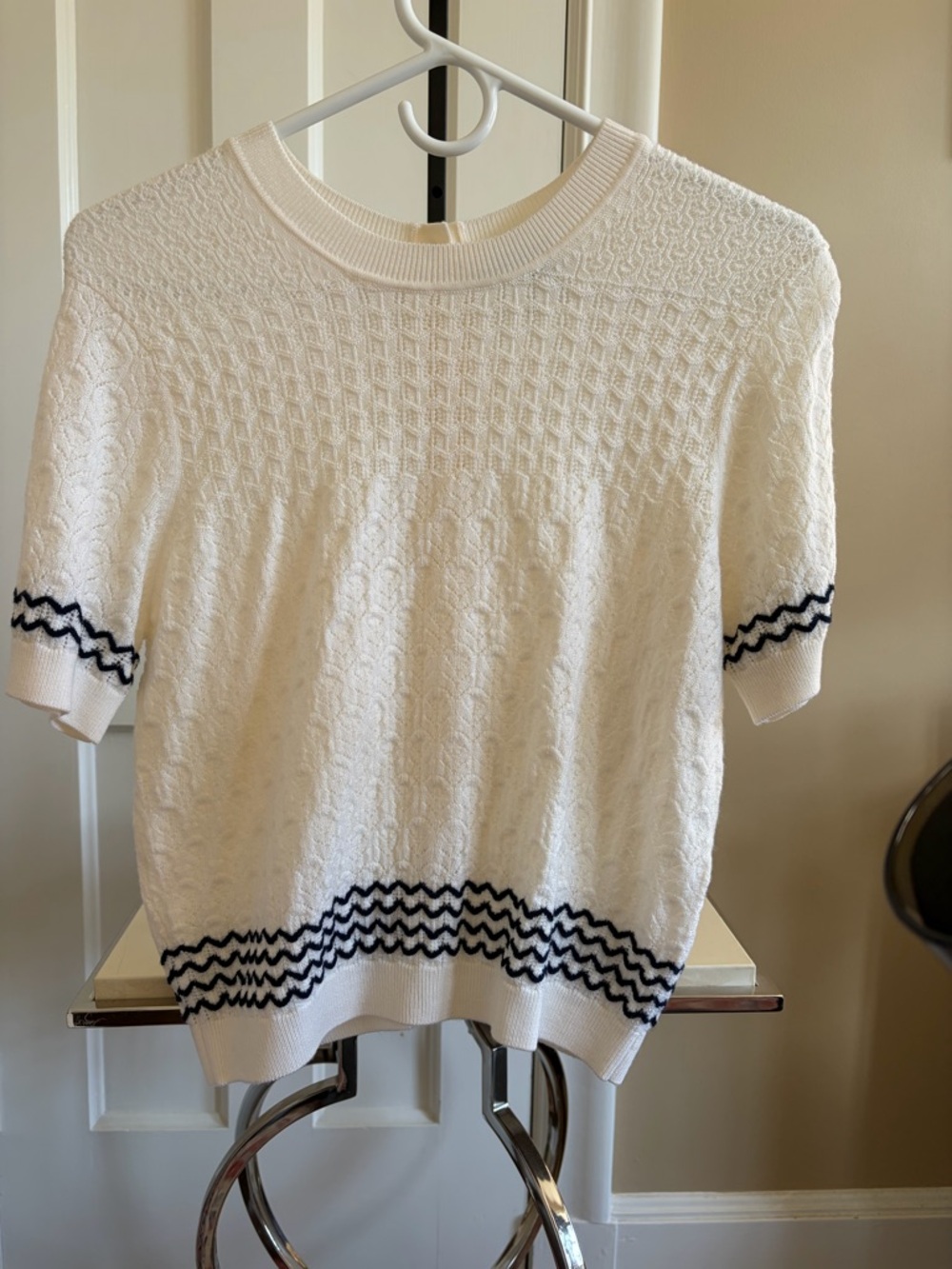 Tanya Taylor White Knit Short-Sleeve Sweater with Navy Trim